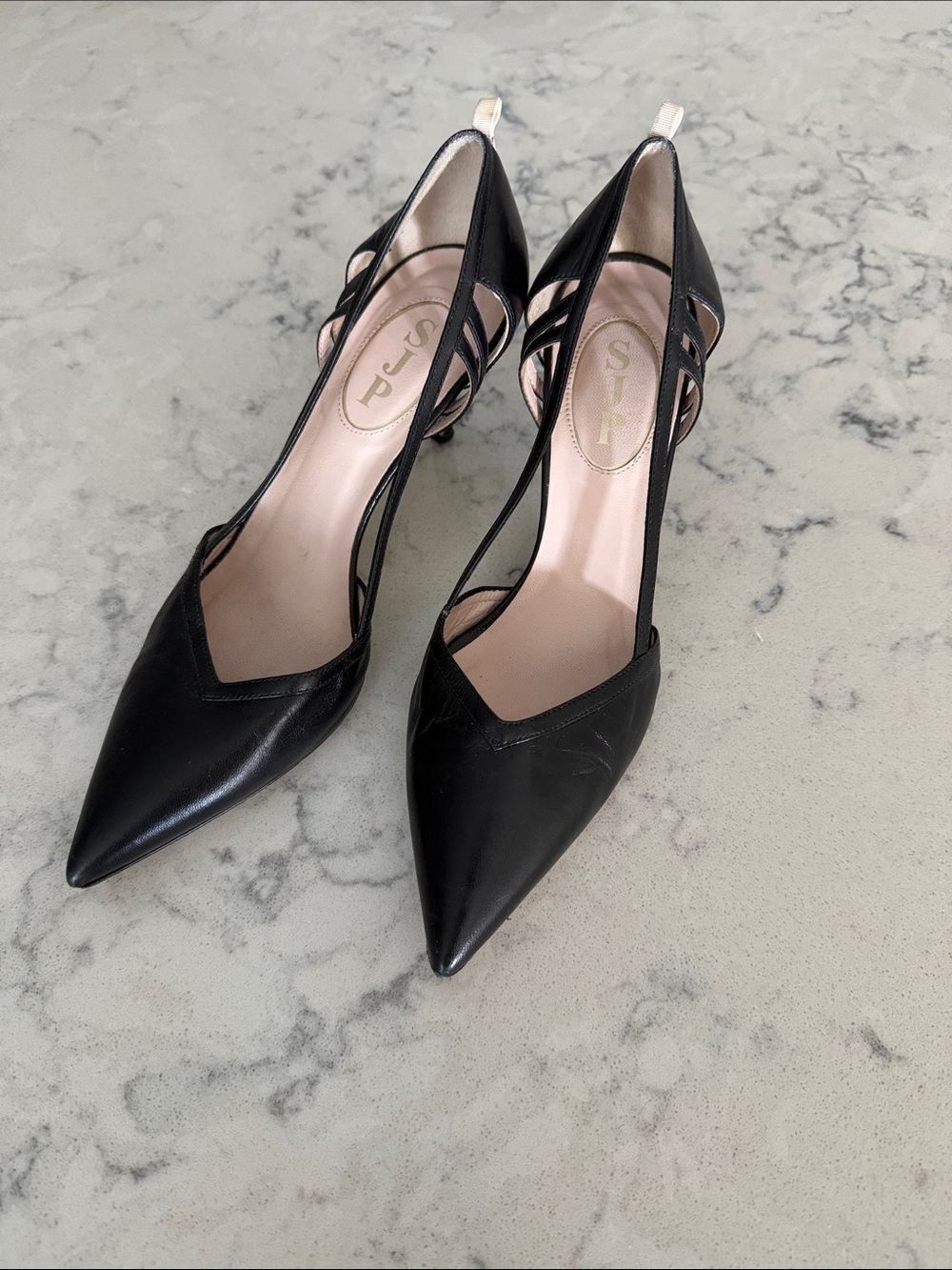 SJP by Sarah Jessica Parker Black Pointed Leather Slingback Pumps size 37.5